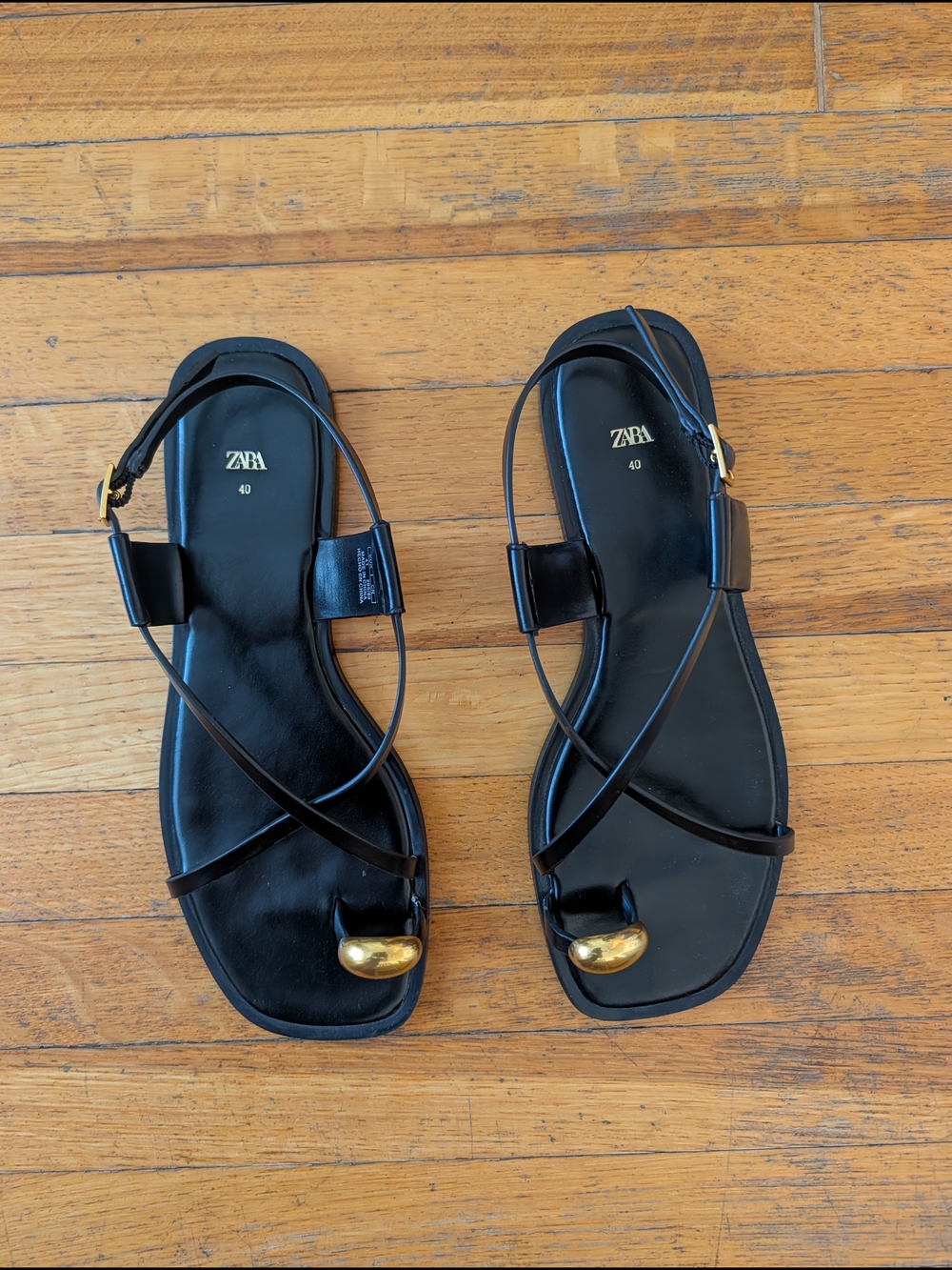 Zara Black Strappy Sandals with Gold Toe Accent